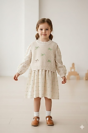 BEBECAN KIZ ÇOCUK FİYONK DETAYLI YANDAN BAĞLAMALI TRİKO ETEKL İ ELBİSE 2 Lİ TAKIM