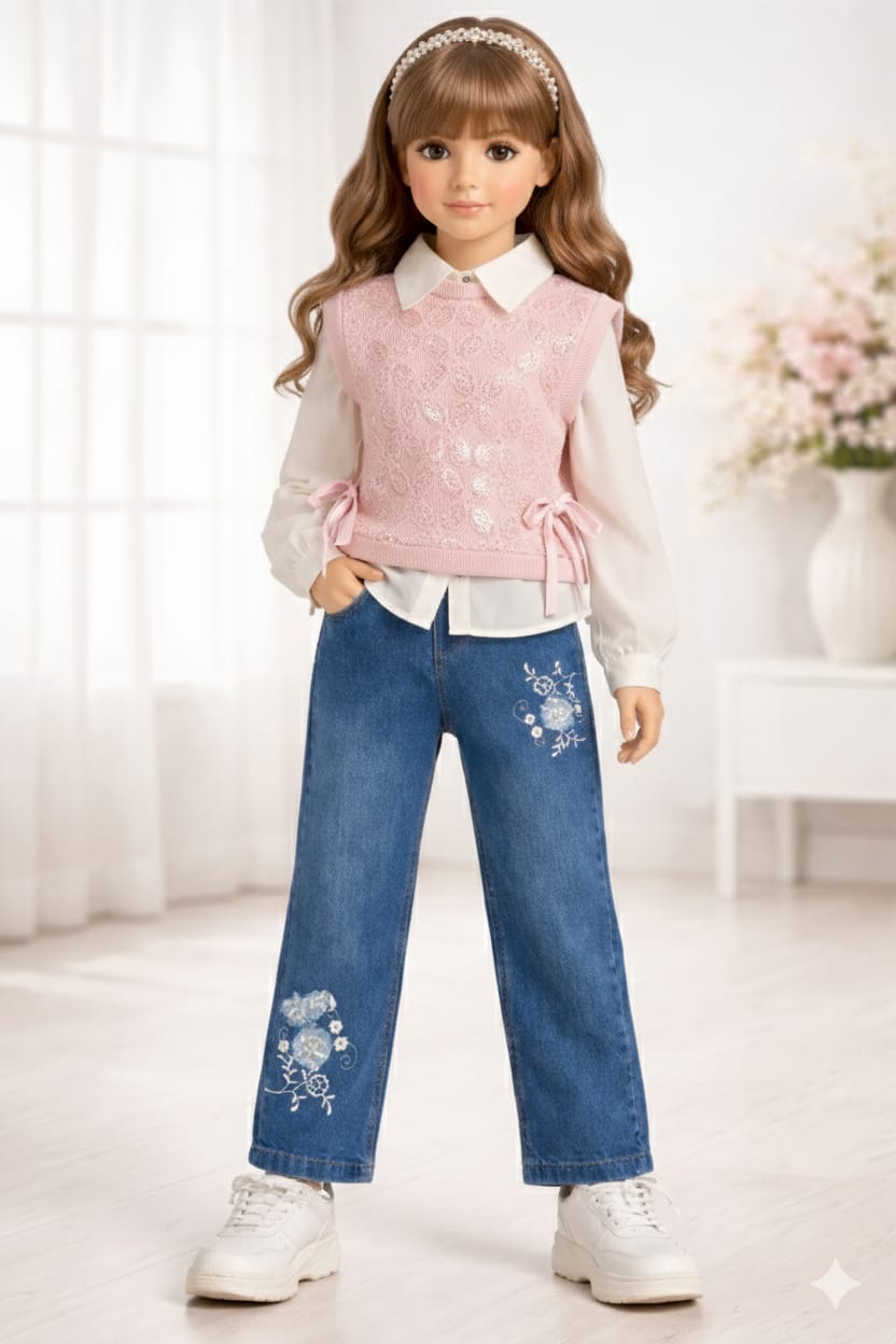 BEBECAB TRİKO YELEKLİ KOT PANTOLON GÖMLEK KIZ ÇOCUK 3 LÜ TAKIM