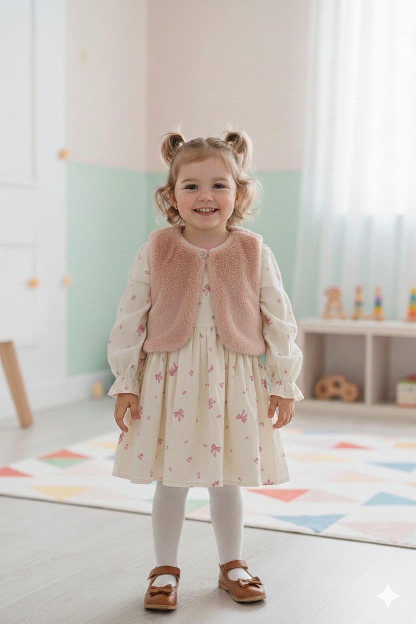 BEBECAN KIZ ÇOCUK  YELEKLİ ETEKLİ ELBİSE 2 Lİ TAKIM