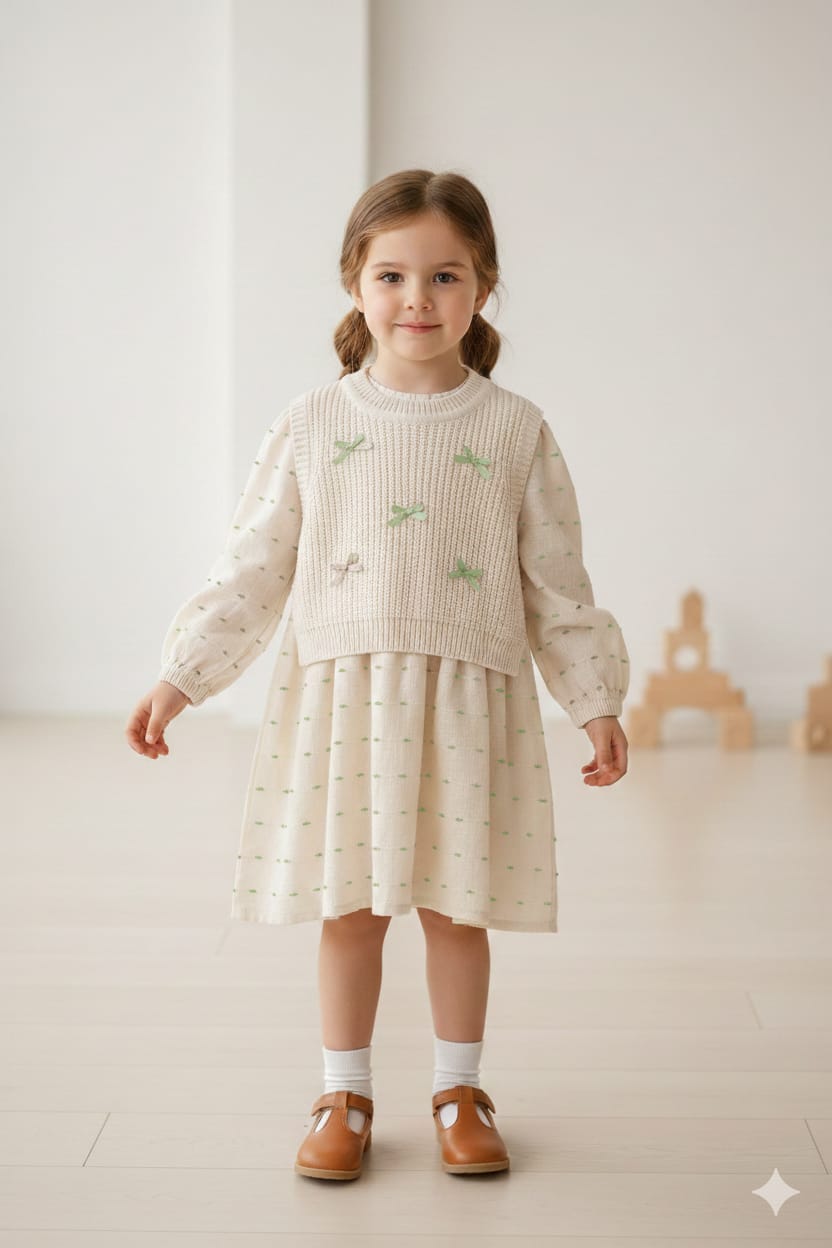 BEBECAN KIZ ÇOCUK FİYONK DETAYLI YANDAN BAĞLAMALI TRİKO ETEKL İ ELBİSE 2 Lİ TAKIM