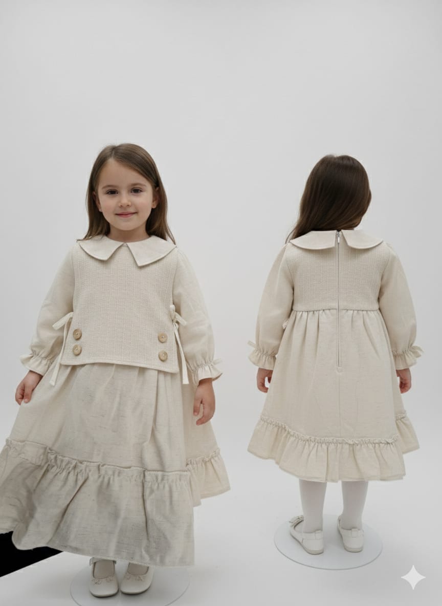 BEBECAN ETEKLİ ELBİSE ÖNLÜK YAKA 2 YANDAN BAĞLAMALI 2 Lİ TAKIM