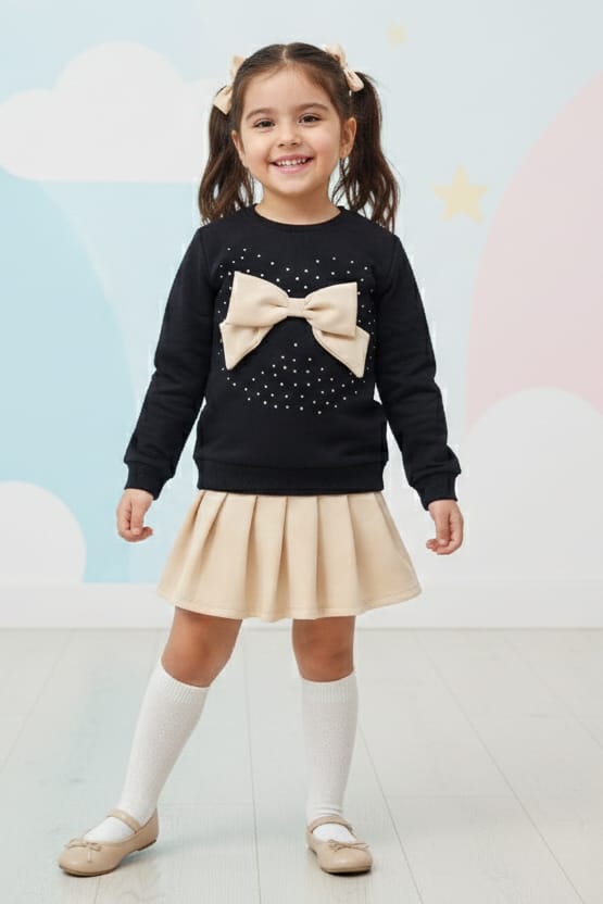 BEBECAN KIZ ÇOCUK ÜST PAPYONLU ETEKLİ ELBİSE 2 Lİ TAKIM