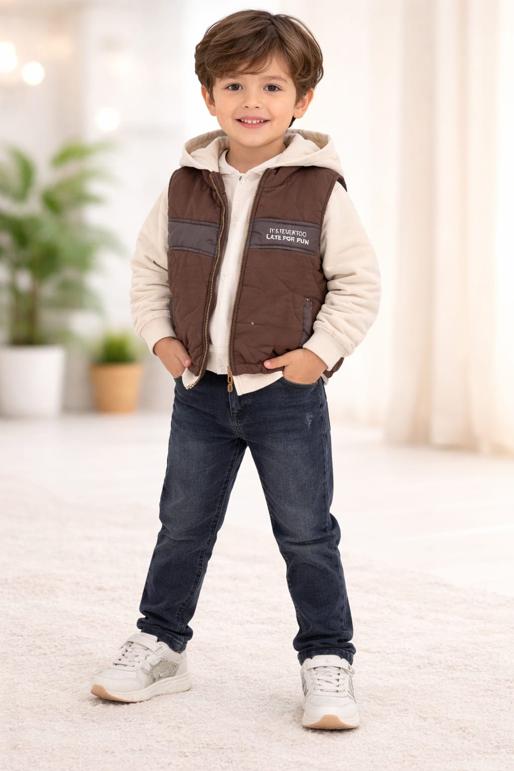 BEBECAN KAPŞONLU  SWEAT YELEKLİ KOT PANTOLON 3 LÜ TAKIM