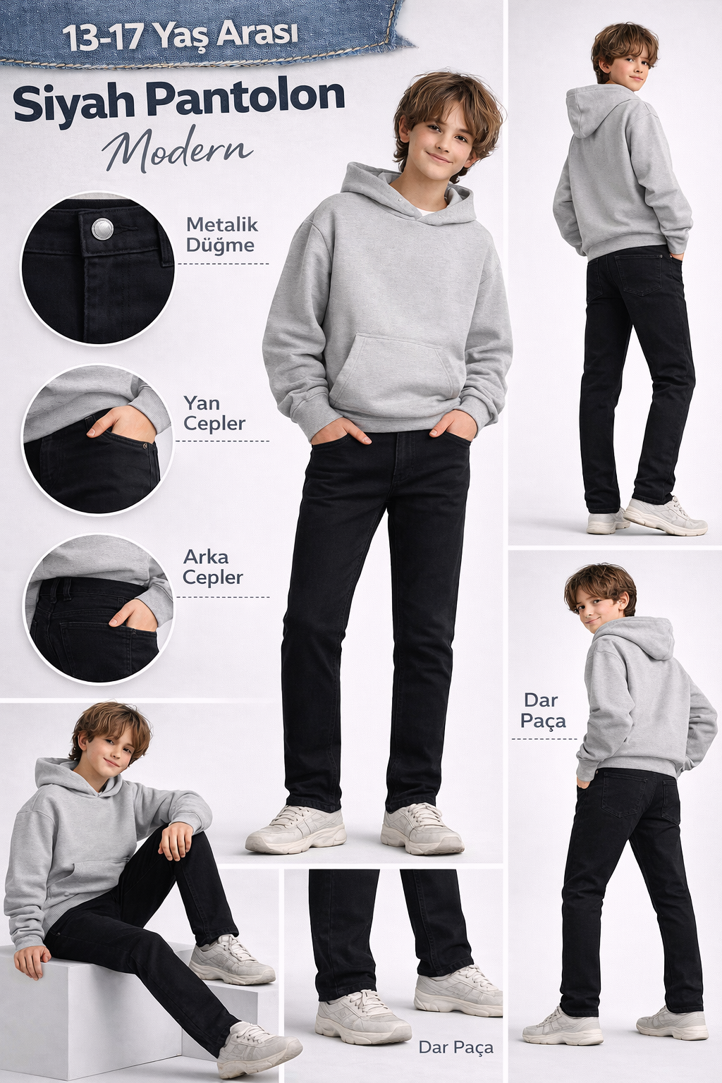 BEBECAN 13/17 YAŞ DAR PAÇA ERKEK SİYAH KOT PANTOLON