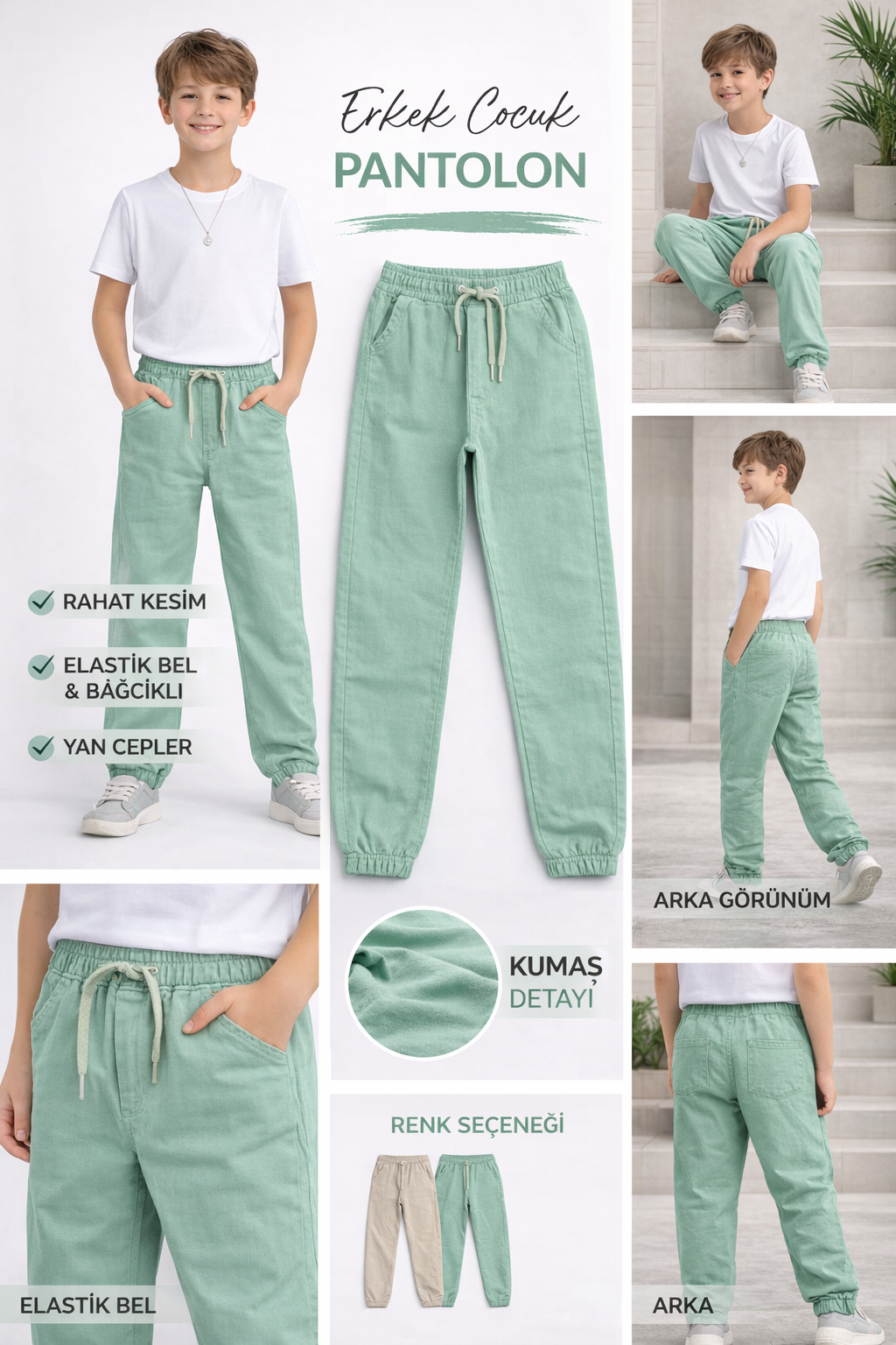BEBECAN BELDEN VE PAÇADAN LASTİKLİ RAHAT KESİM ERKEK ÇOCUK PANTOLON