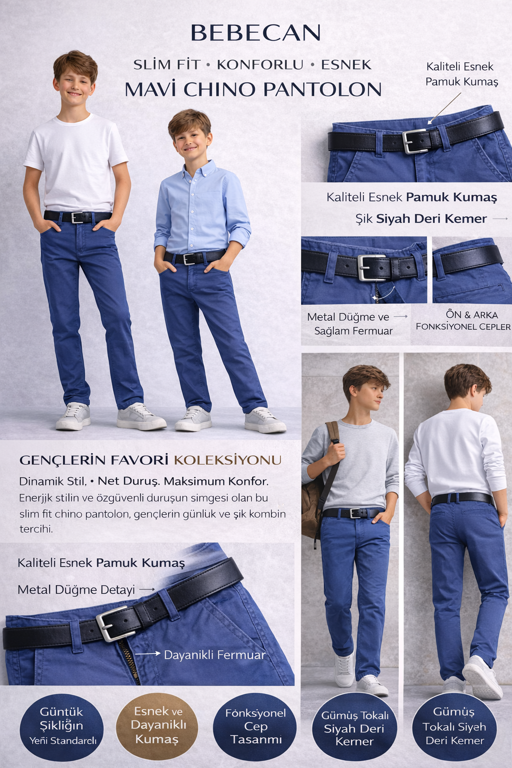 BEBECAN RAHAT KESİM KEMER DETAYLI ERKEK ÇOCUK PANTOLON